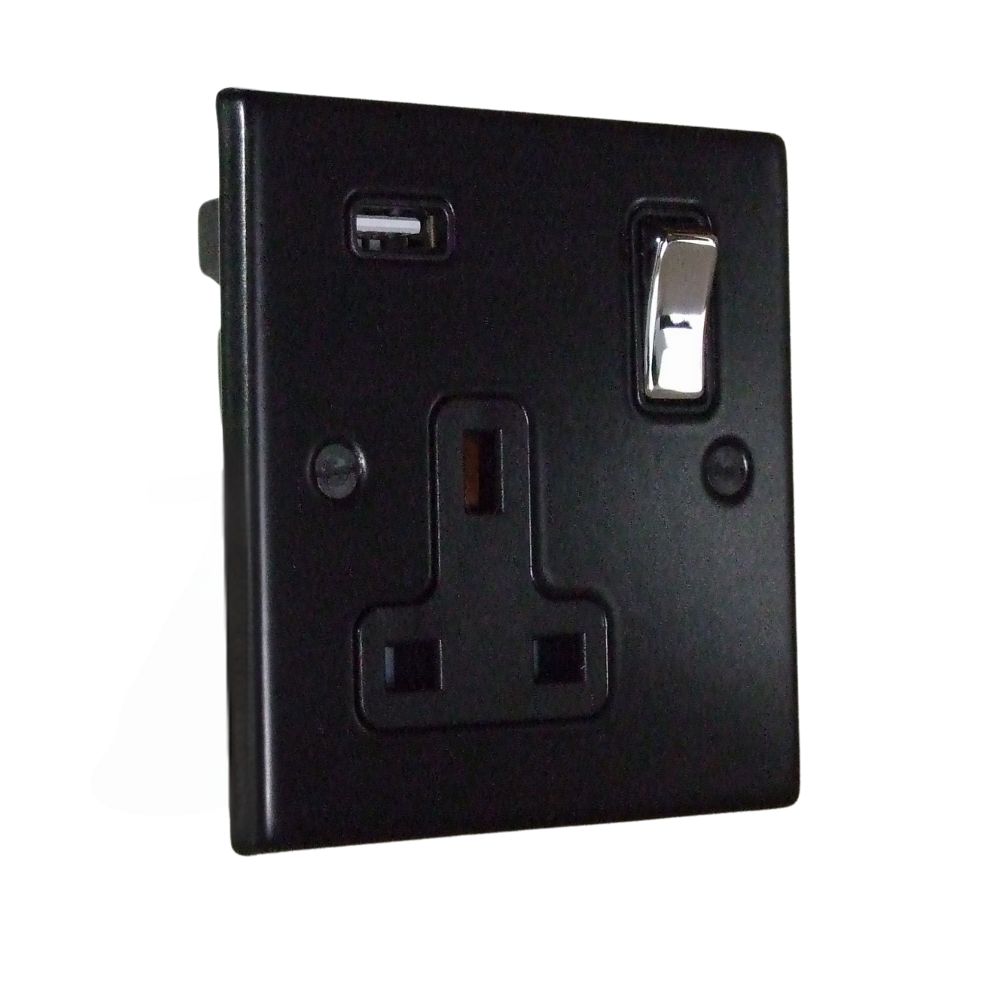 Matt Black Raised Metal Plate Single Switched USB Socket Polished Chrome and Black