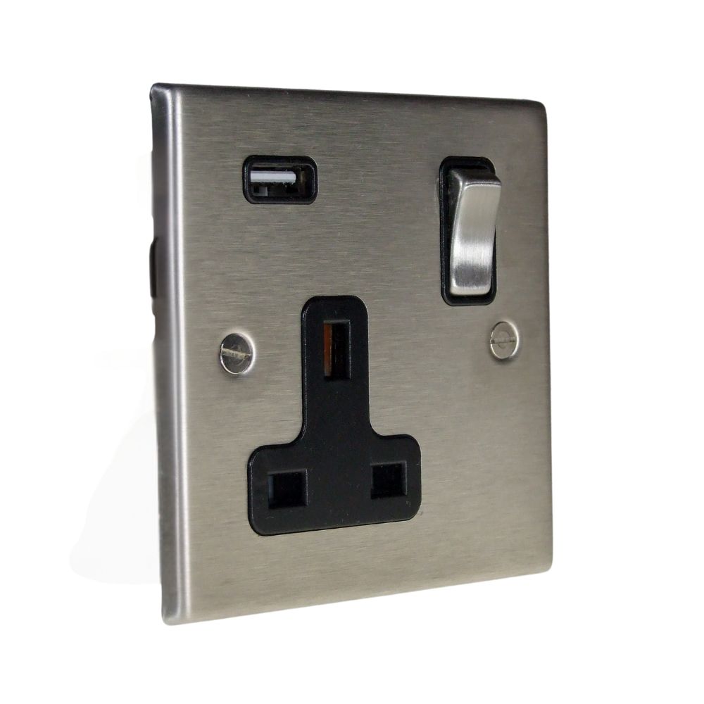 Satin Stainless Raised Metal Plate Single Switched USB Socket Satin Stainless and Black