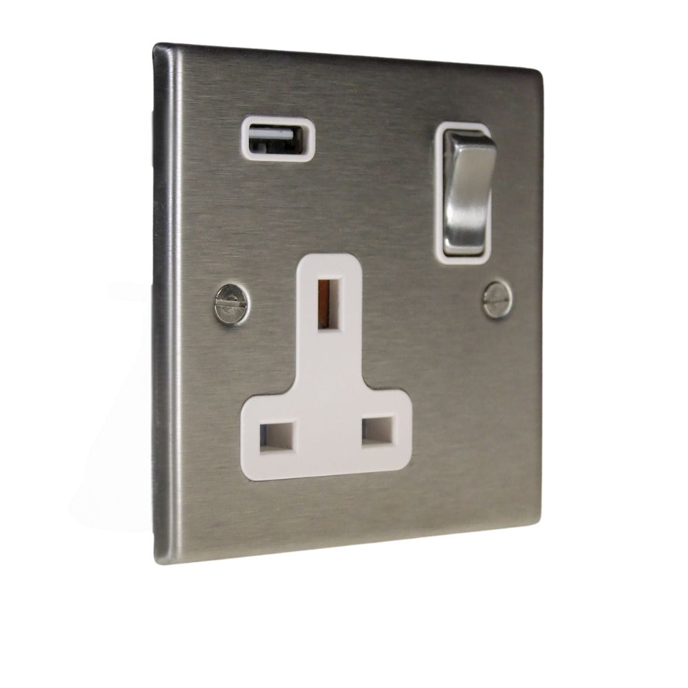 Satin Stainless Raised Metal Plate Single Switched USB Socket Satin Stainless and White