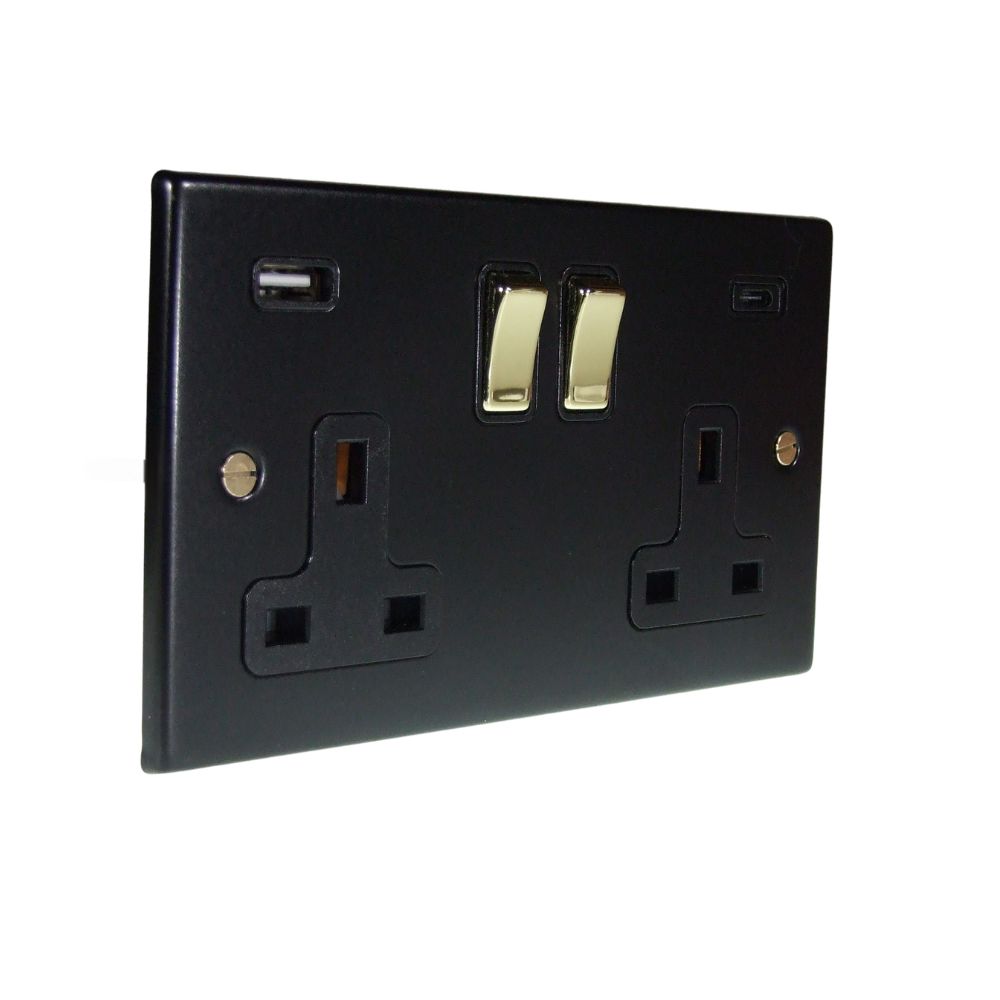 Matt Black Raised Metal Plate Double Switched USB A+C Socket Polished Brass and Black