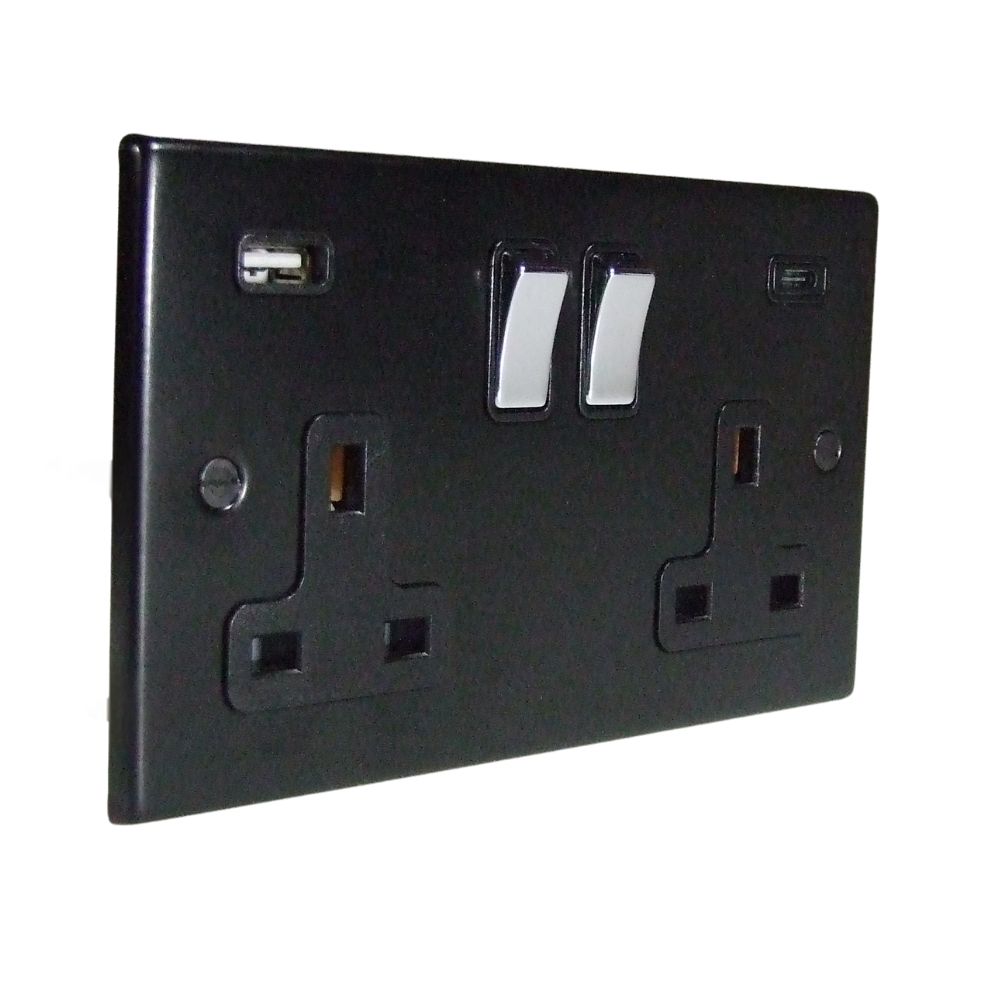 Matt Black Raised Metal Plate Double Switched USB A+C Socket Polished Chrome and Black