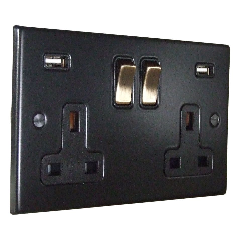 Matt Black Raised Metal Plate Double Switched USB Socket Antique Brass and Black