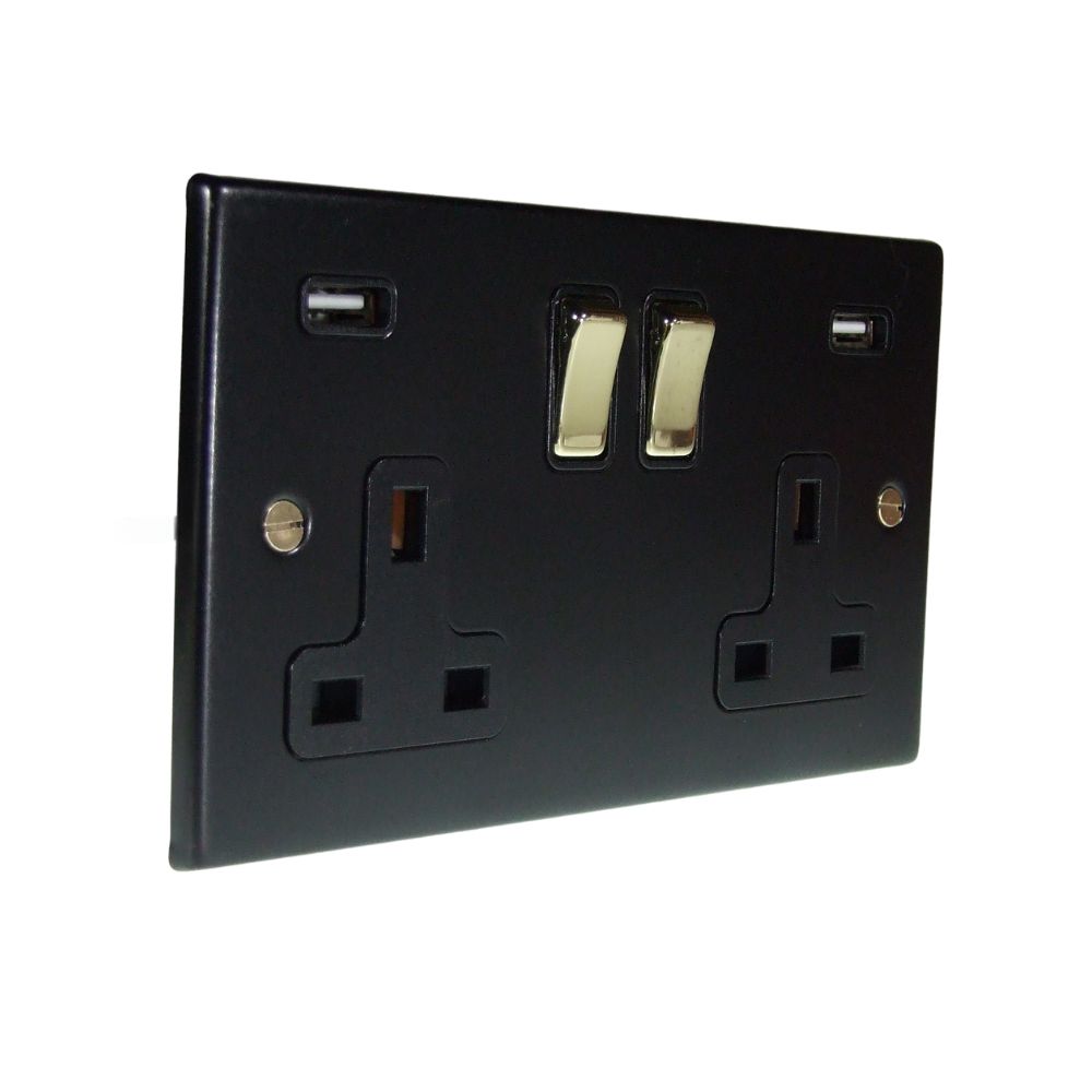 Matt Black Raised Metal Plate Double Switched USB Socket Polished Brass and Black