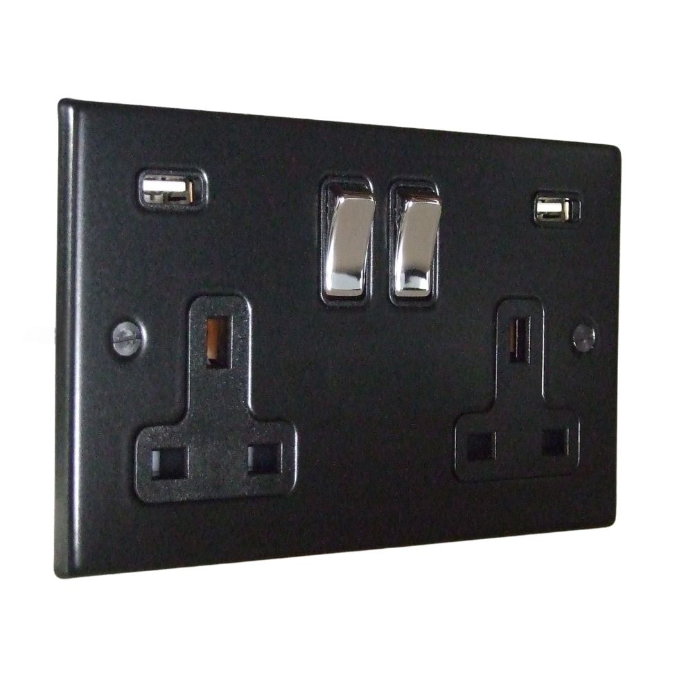 Matt Black Raised Metal Plate Double Switched USB Socket Polished Chrome and Black