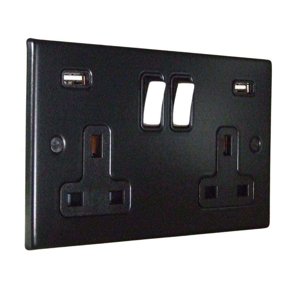 Matt Black Raised Metal Plate Double Switched USB Socket Satin Stainless and Black