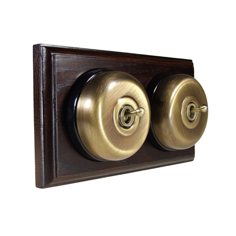 Period Smooth Antique Brass Dome Double Dolly Light Switch Dark Oak Black Horizontal