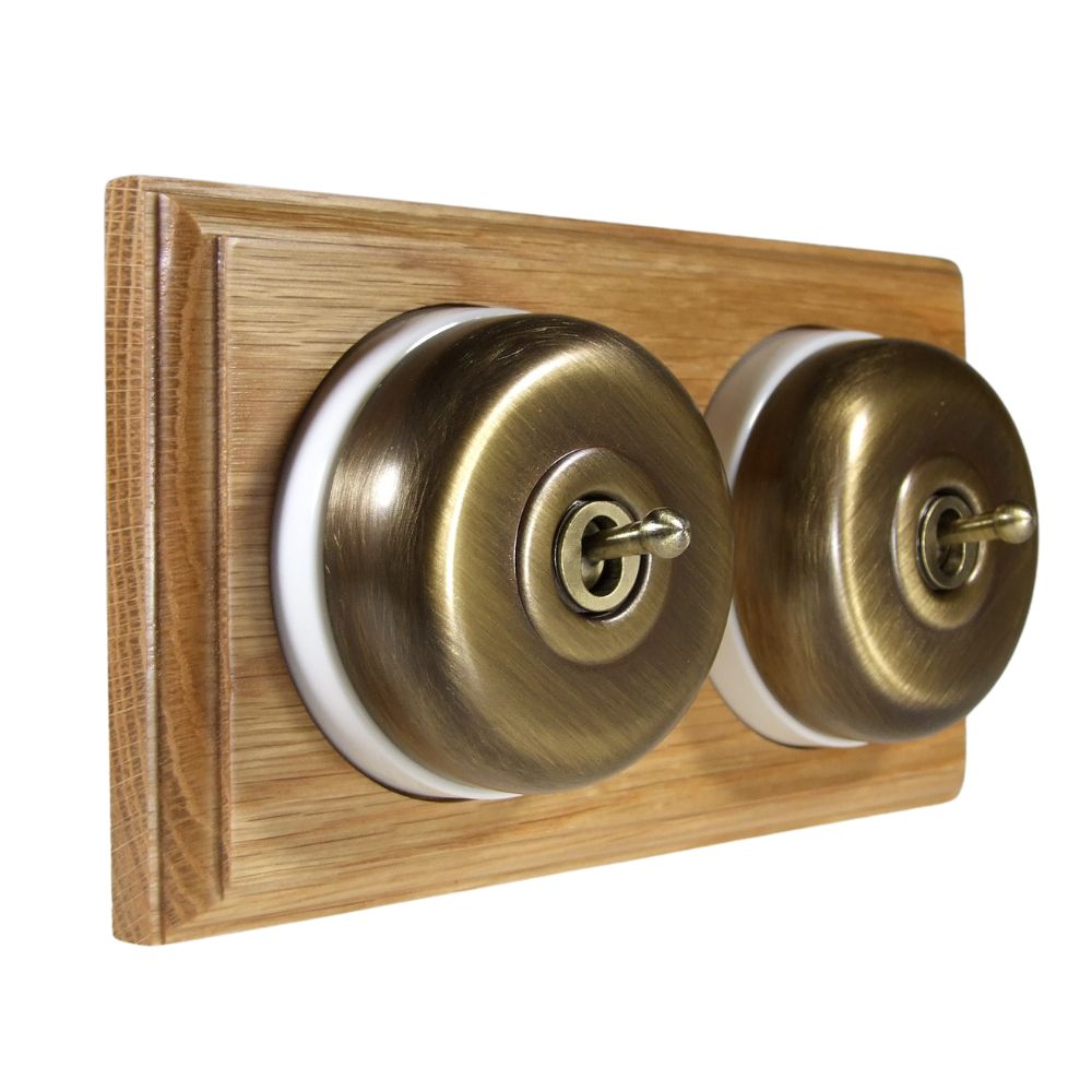 Period Smooth Antique Brass Dome Double Dolly Light Switch Oak White Horizontal
