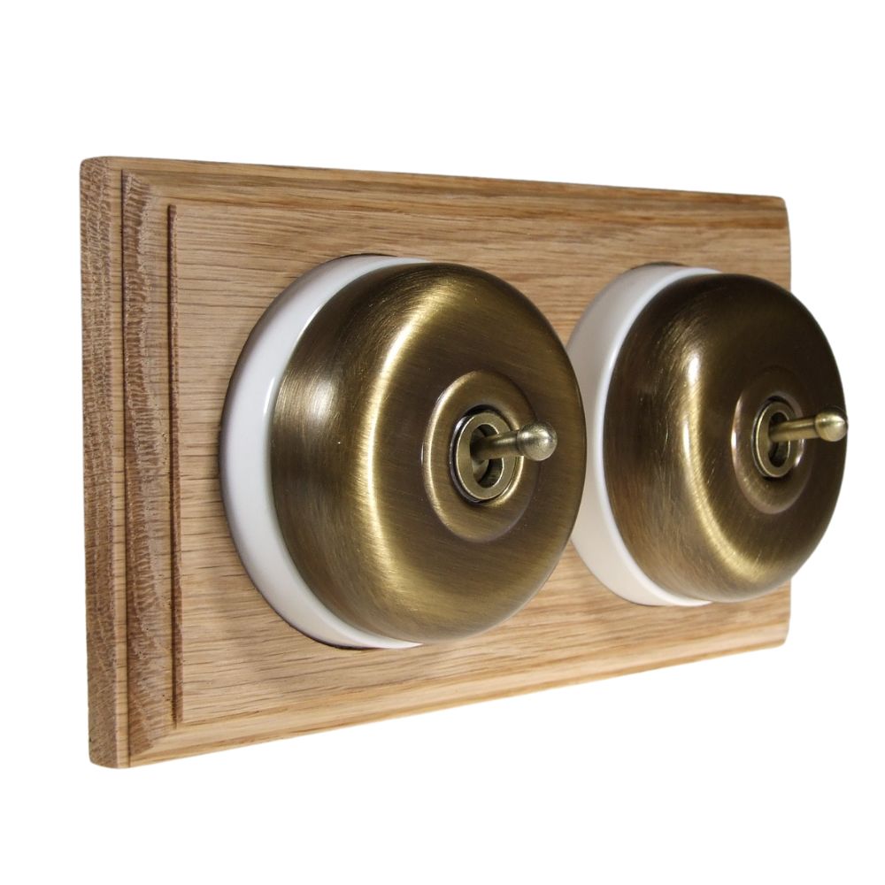 Period Smooth Antique Brass Dome Double Dolly Light Switch Unfinished Oak White Horizontal