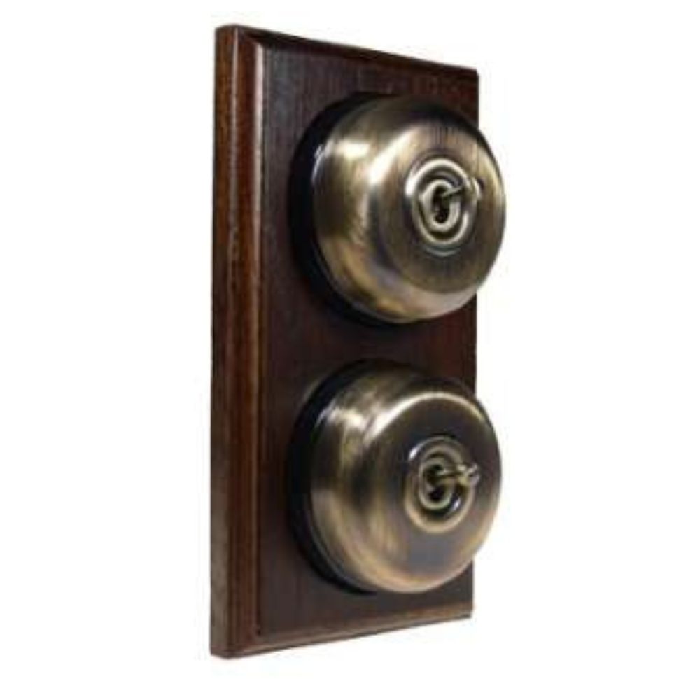 Period Smooth Antique Brass Dome Double Dolly Light Switch Dark Oak Black Vertical