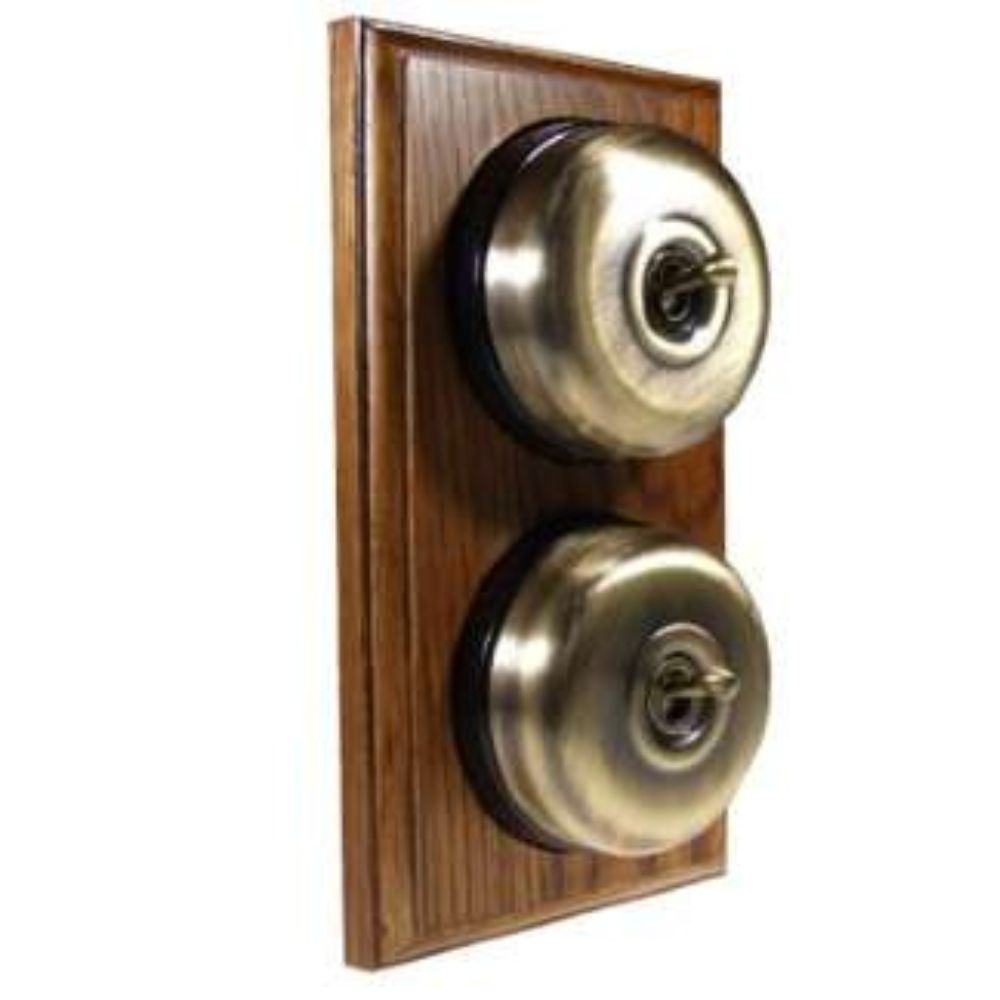 Period Smooth Antique Brass Dome Double Dolly Light Switch Medium Oak Black Vertical