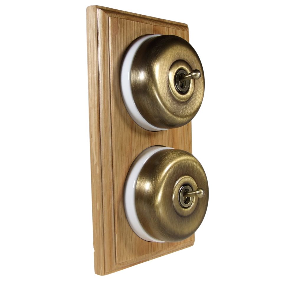 Period Smooth Antique Brass Dome Double Dolly Light Switch Oak White Vertical