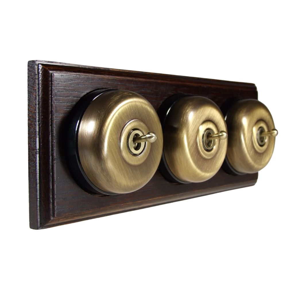 Period Smooth Antique Brass Dome Triple Dolly Light Switch Dark Oak Black Horizontal
