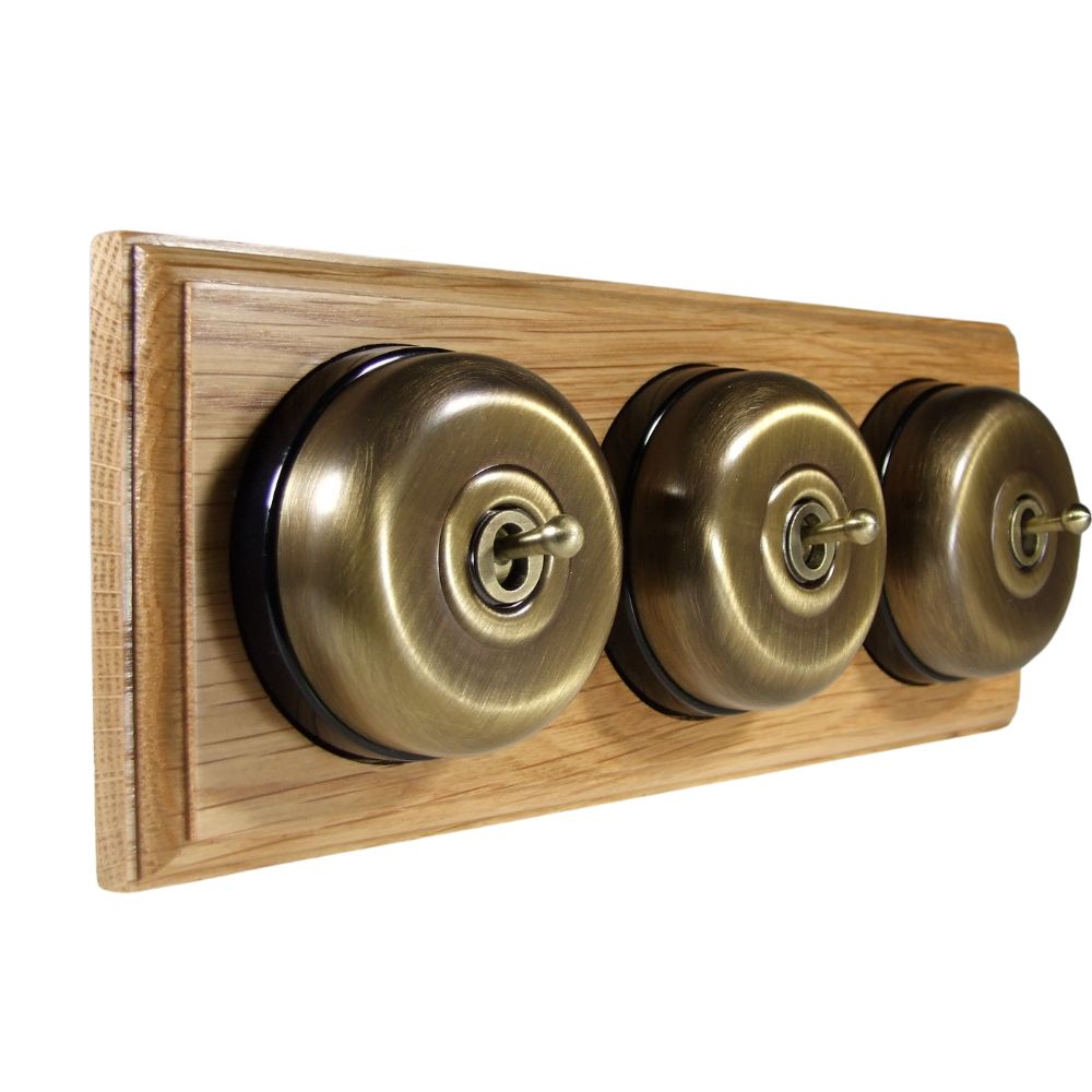 Period Smooth Antique Brass Dome Triple Dolly Light Switch Oak Black Horizontal