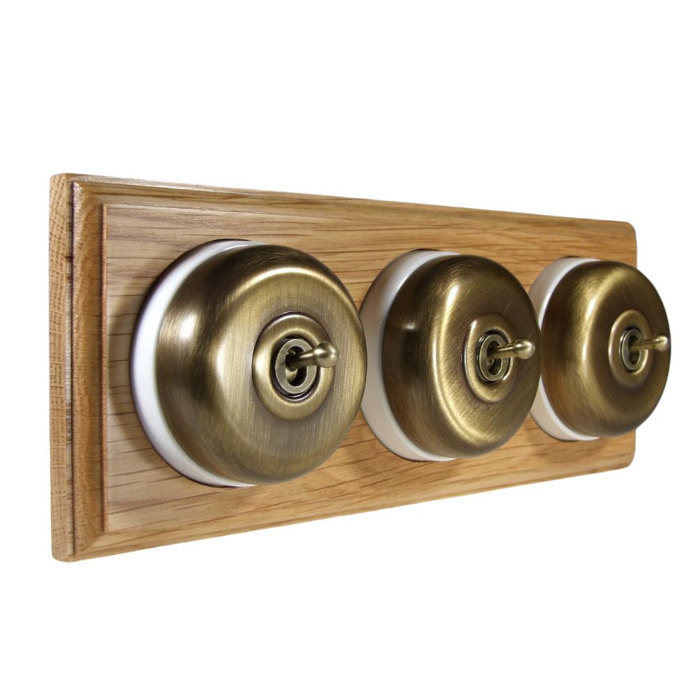 Period Smooth Antique Brass Dome Triple Dolly Light Switch Oak White Horizontal