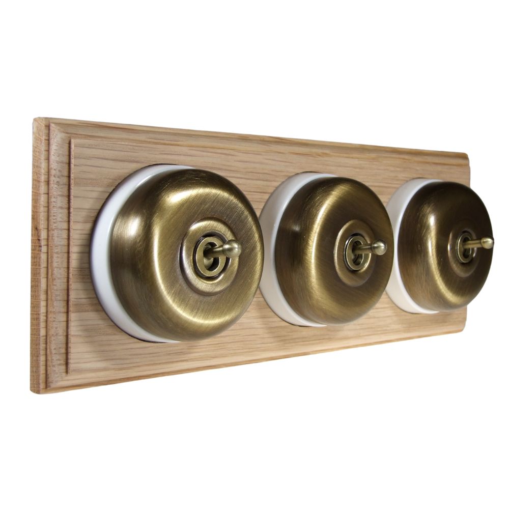 Period Smooth Antique Brass Dome Triple Dolly Light Switch Unfinished Oak White Horizontal