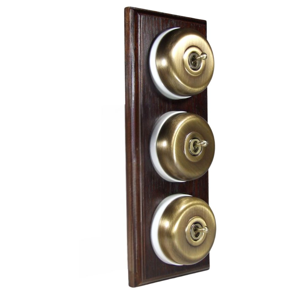 Period Smooth Antique Brass Dome Triple Dolly Light Switch Dark Oak White Vertical