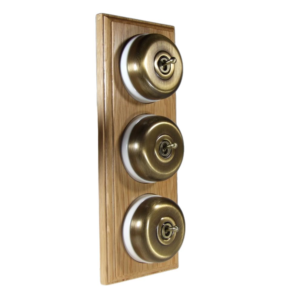 Period Smooth Antique Brass Dome Triple Dolly Light Switch Oak White Vertical