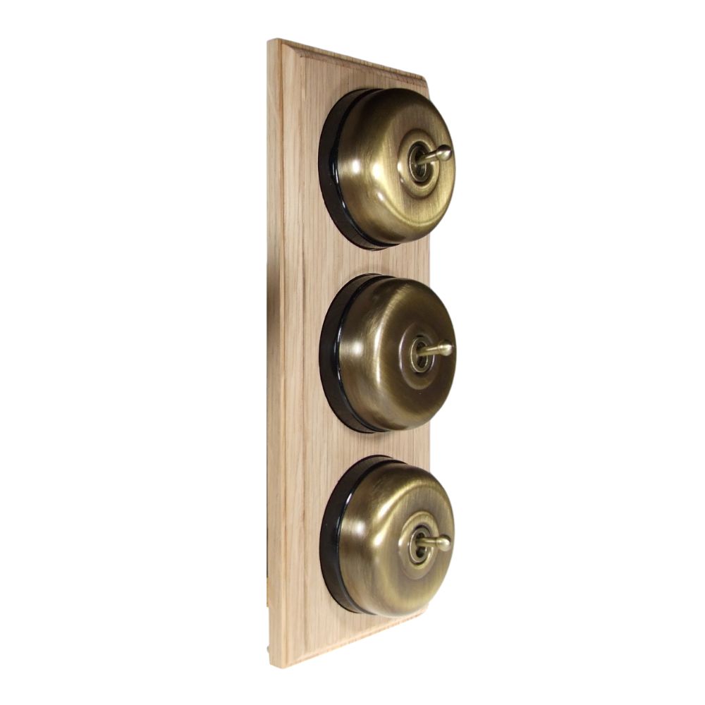 Period Smooth Antique Brass Dome Triple Dolly Light Switch Unfinished Oak Black Vertical