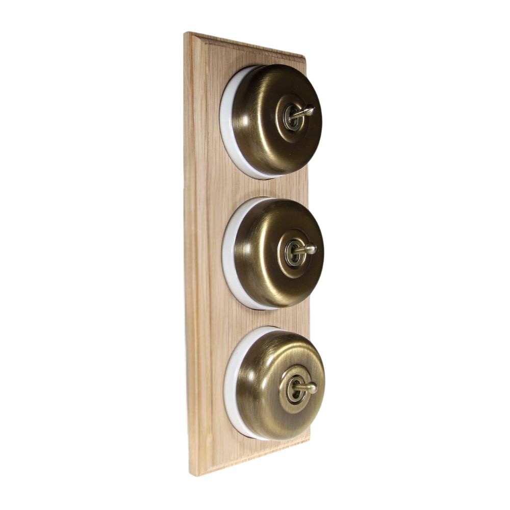 Period Smooth Antique Brass Dome Triple Dolly Light Switch Unfinished Oak White Vertical