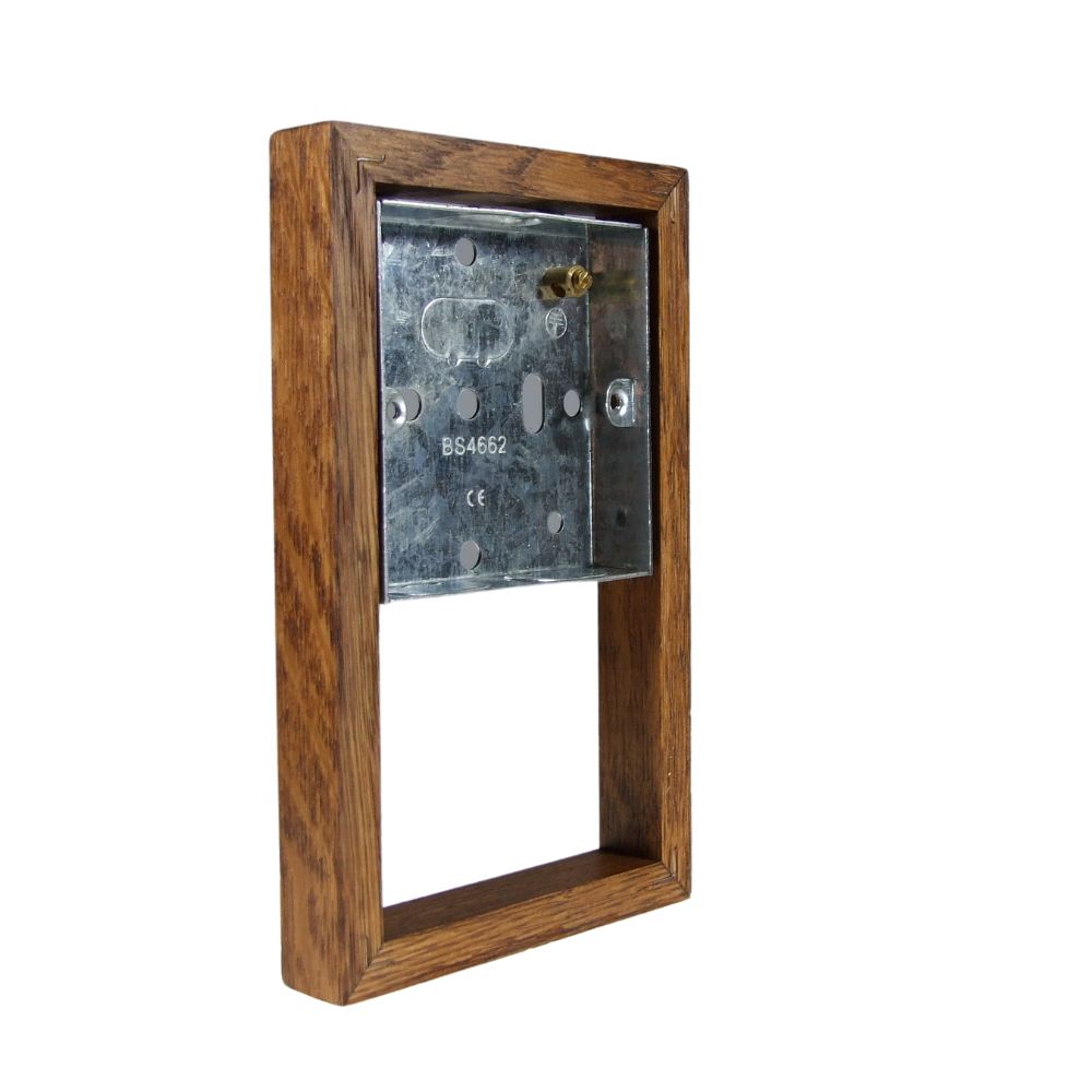 Bakelite 18mm Vertical 2-Gang Surface Mounting Pattress in Medium Oak