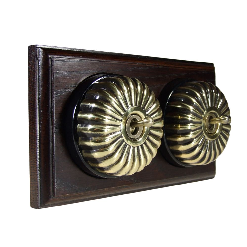 Period Fluted Antique Brass Dome Double Dolly Light Switch Dark Oak Black Horizontal