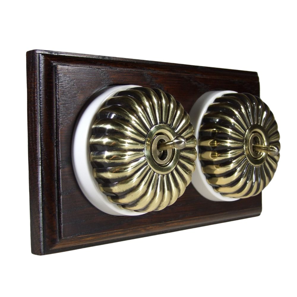 Period Fluted Antique Brass Dome Double Dolly Light Switch Dark Oak White Horizontal