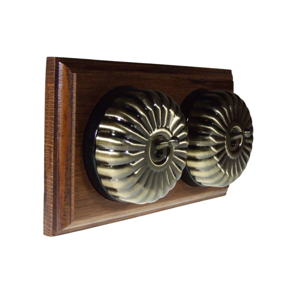 Period Fluted Antique Brass Dome Double Dolly Light Switch Medium Oak Black Horizontal