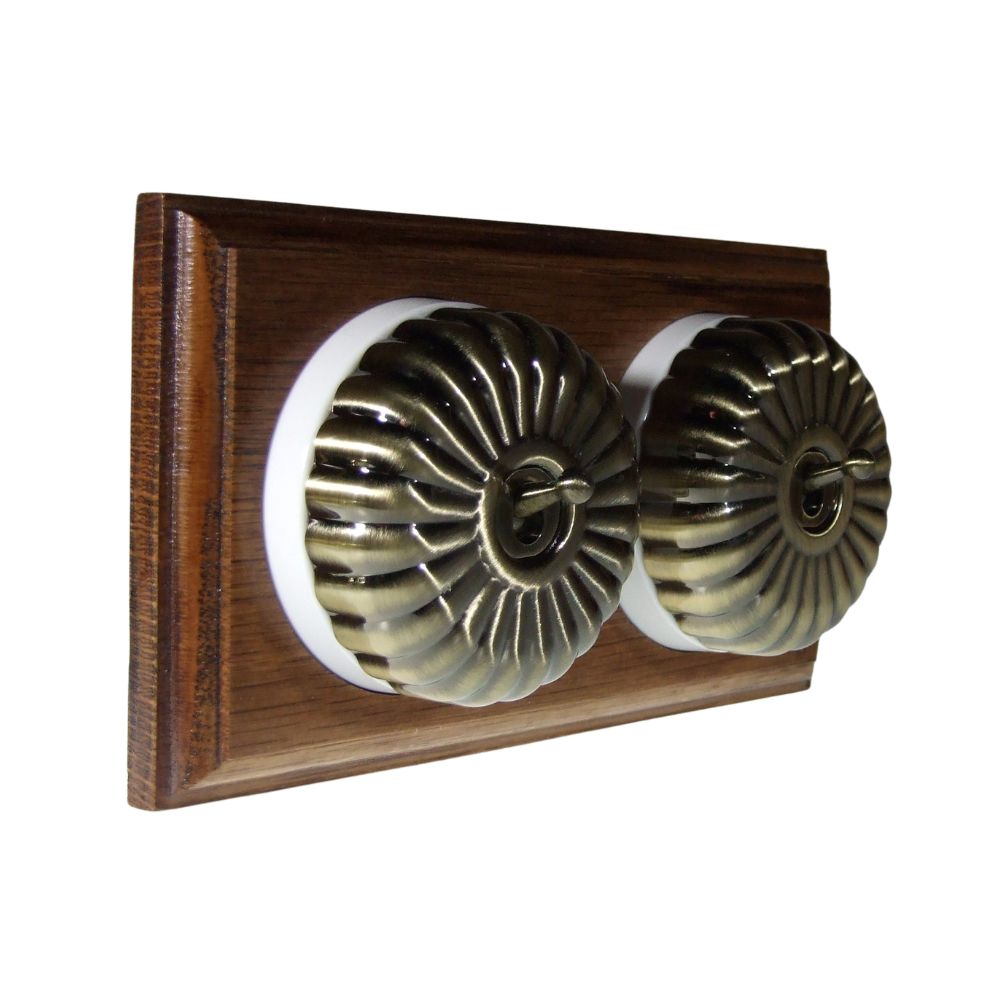 Period Fluted Antique Brass Dome Double Dolly Light Switch Medium Oak White Horizontal
