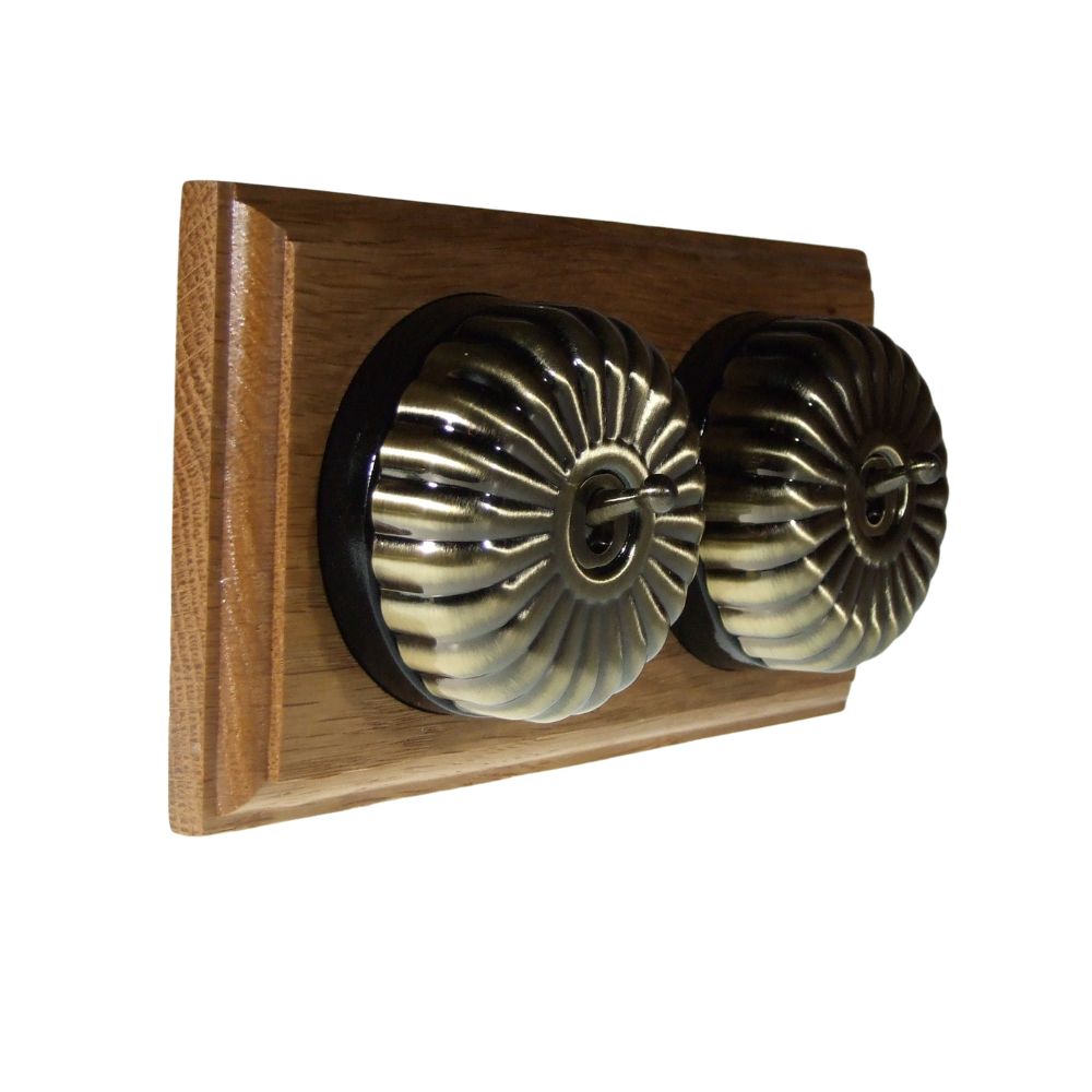 Period Fluted Antique Brass Dome Double Dolly Light Switch Oak Black Horizontal