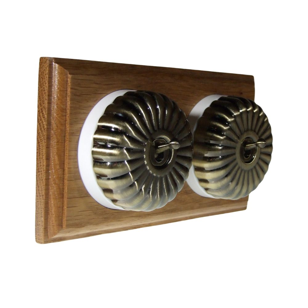 Period Fluted Antique Brass Dome Double Dolly Light Switch Oak White Horizontal