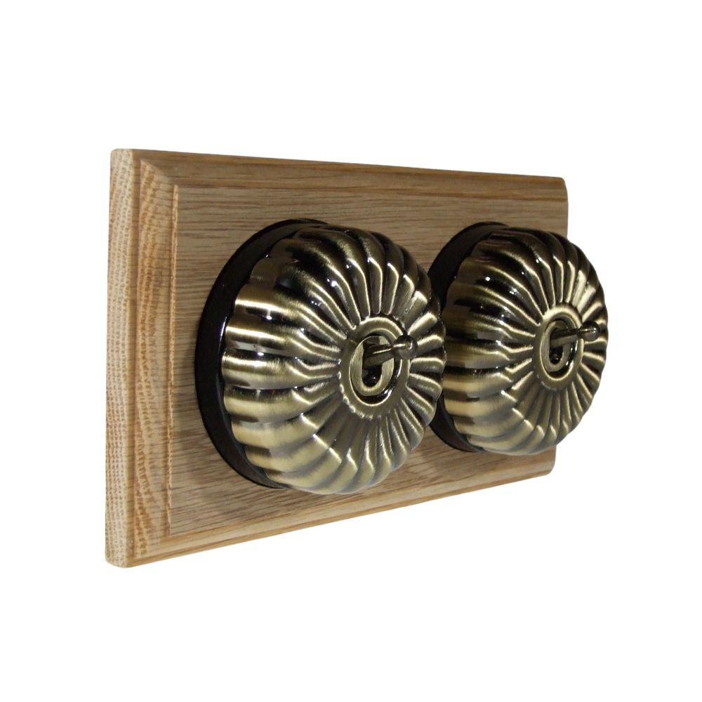 Period Fluted Antique Brass Dome Double Dolly Light Switch Unfinished Oak Black Horizontal
