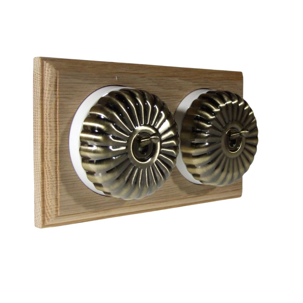 Period Fluted Antique Brass Dome Double Dolly Light Switch Unfinished Oak White Horizontal