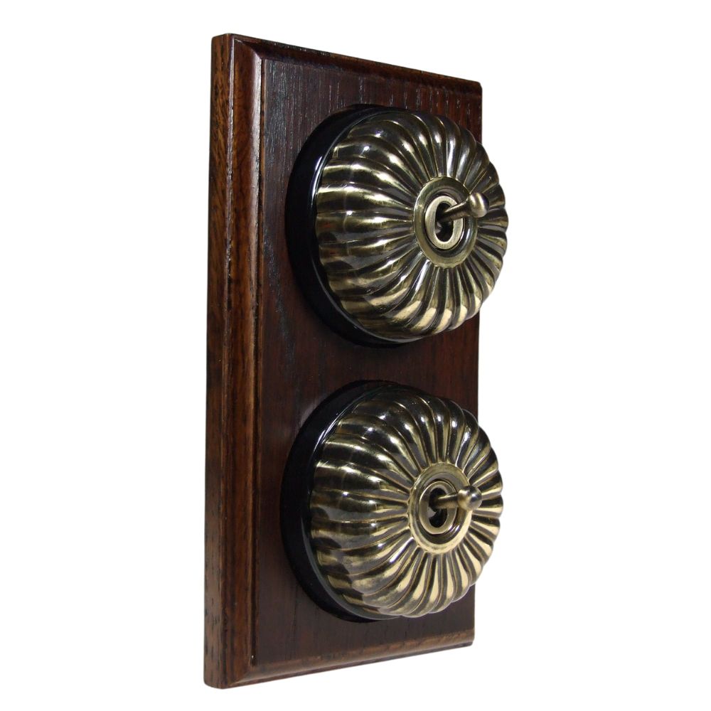 Period Fluted Antique Brass Dome Double Dolly Light Switch Dark Oak Black Vertical