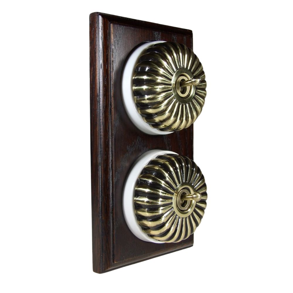 Period Fluted Antique Brass Dome Double Dolly Light Switch Dark Oak White Vertical