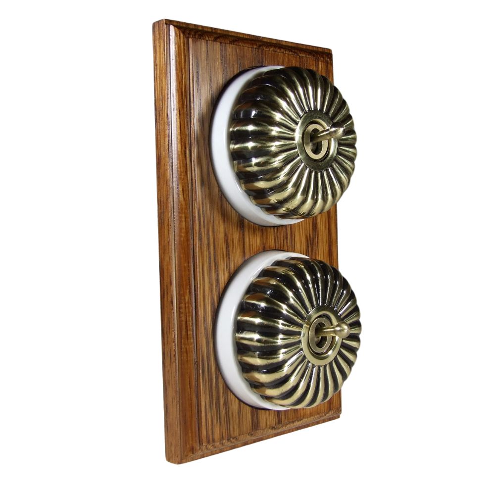 Period Fluted Antique Brass Dome Double Dolly Light Switch Medium Oak White Vertical