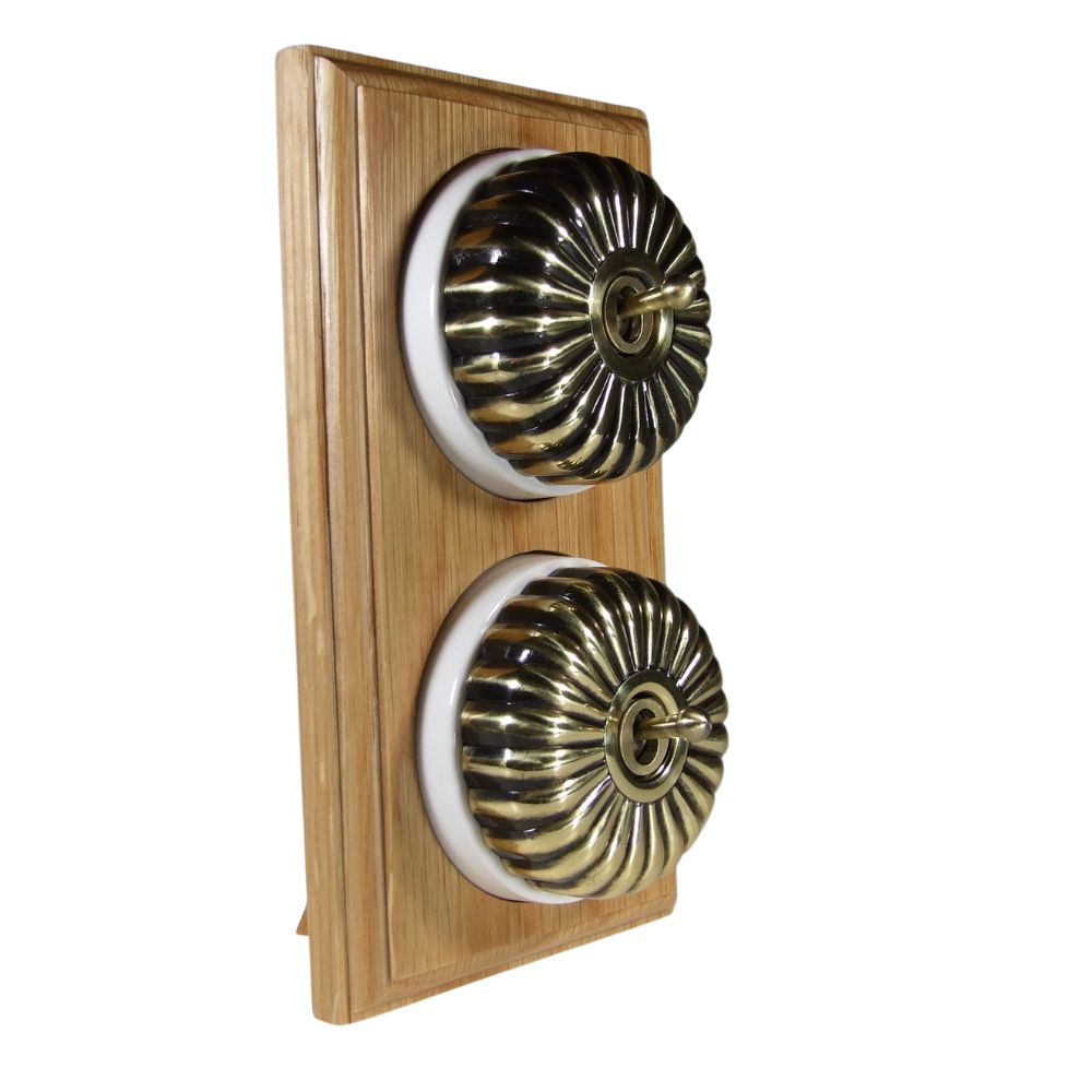 Period Fluted Antique Brass Dome Double Dolly Light Switch Oak White Vertical