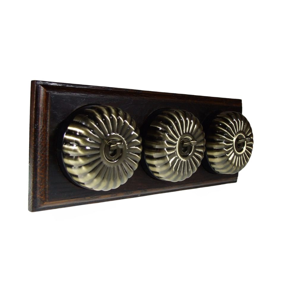 Period Fluted Antique Brass Dome Triple Dolly Light Switch Dark Oak Black Horizontal