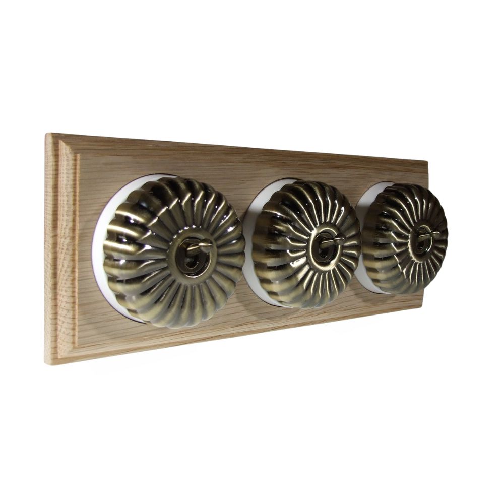 Period Fluted Antique Brass Dome Triple Dolly Light Switch Unfinished  Oak White Horizontal