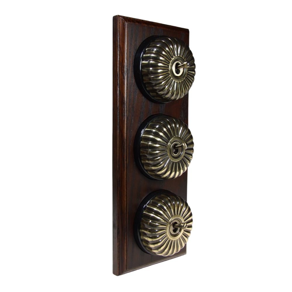 Period Fluted Antique Brass Dome Triple Dolly Light Switch Dark Oak Black Vertical