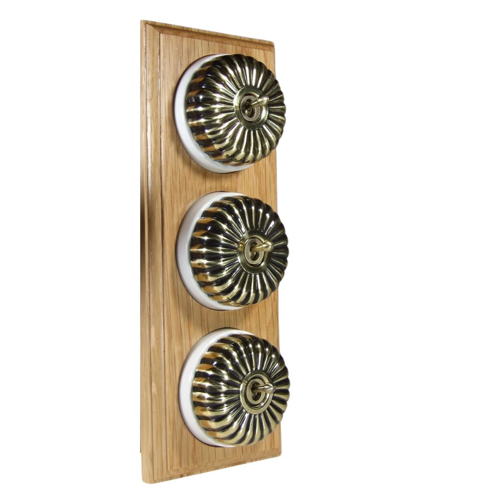 Period Fluted Antique Brass Dome Triple Dolly Light Switch Oak White Vertical
