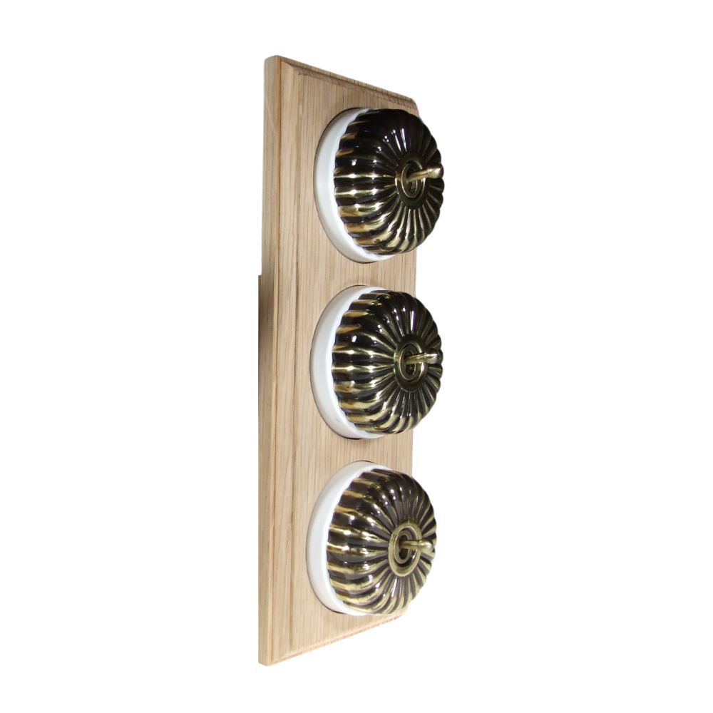 Period Fluted Antique Brass Dome Triple Dolly Light Switch Unfinished Oak White Vertical