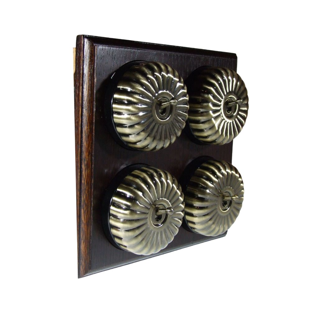 Period Fluted Antique Brass Dome 4 Dolly Light Switch Dark Oak Black