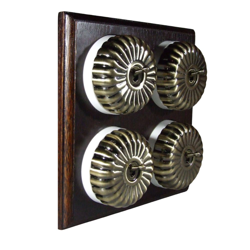 Period Fluted Antique Brass Dome 4 Dolly Light Switch Dark Oak White