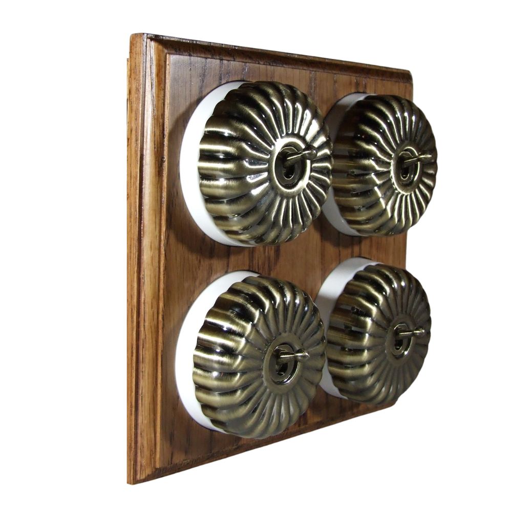 Period Fluted Antique Brass Dome 4 Dolly Light Switch Medium Oak White