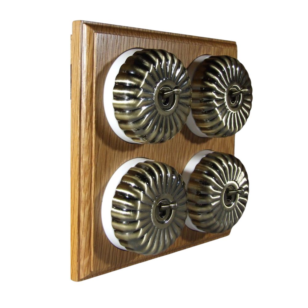 Period Fluted Antique Brass Dome 4 Dolly Light Switch Oak White