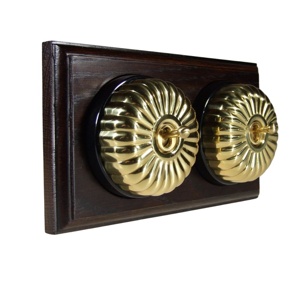 Period Fluted Polished Brass Dome Double Dolly Light Switch Dark Oak Black Horizontal