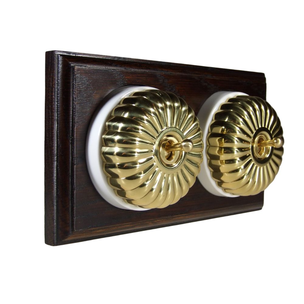 Period Fluted Polished Brass Dome Double Dolly Light Switch Dark Oak White Horizontal