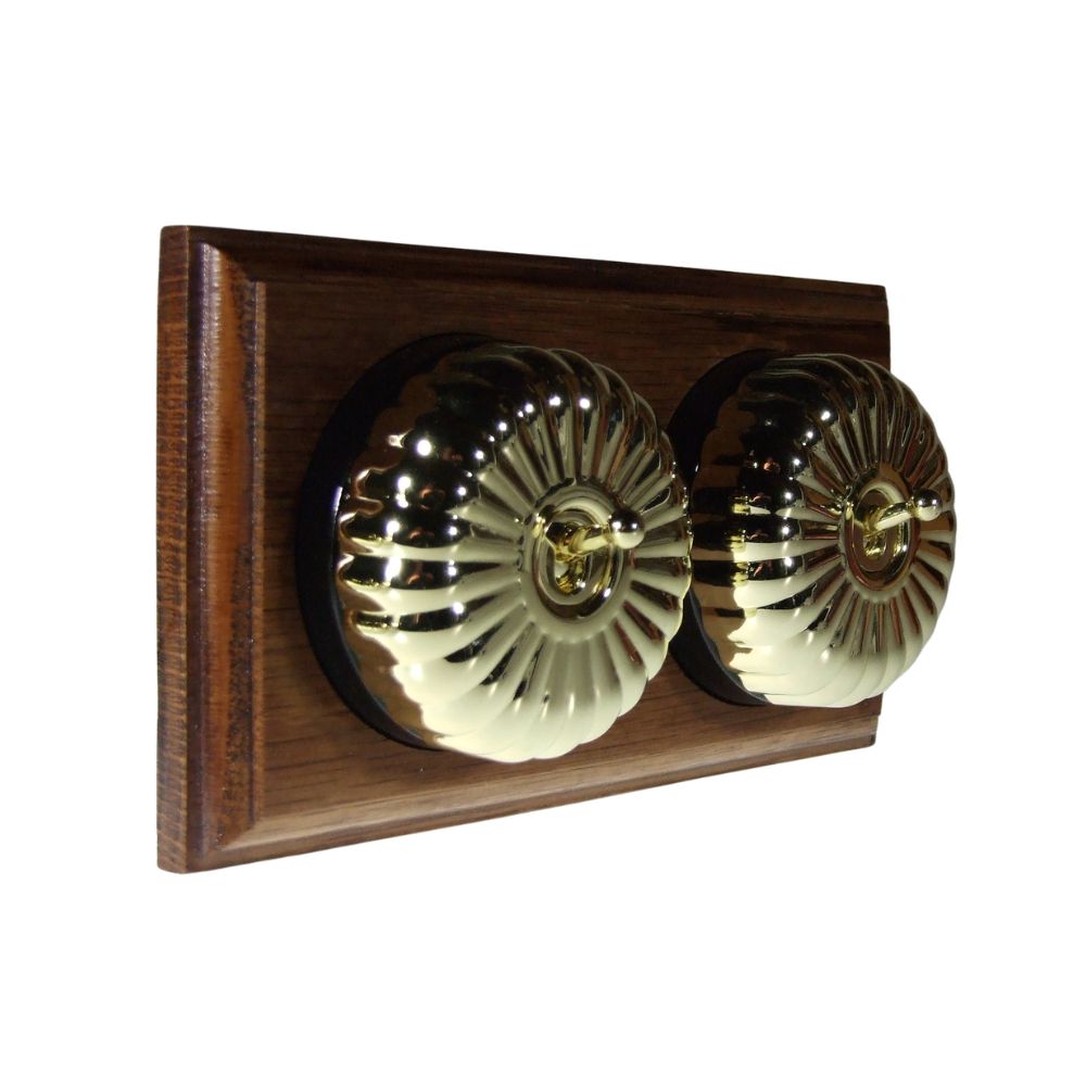 Period Fluted Polished Brass Dome Double Dolly Light Switch Medium Oak Black Horizontal