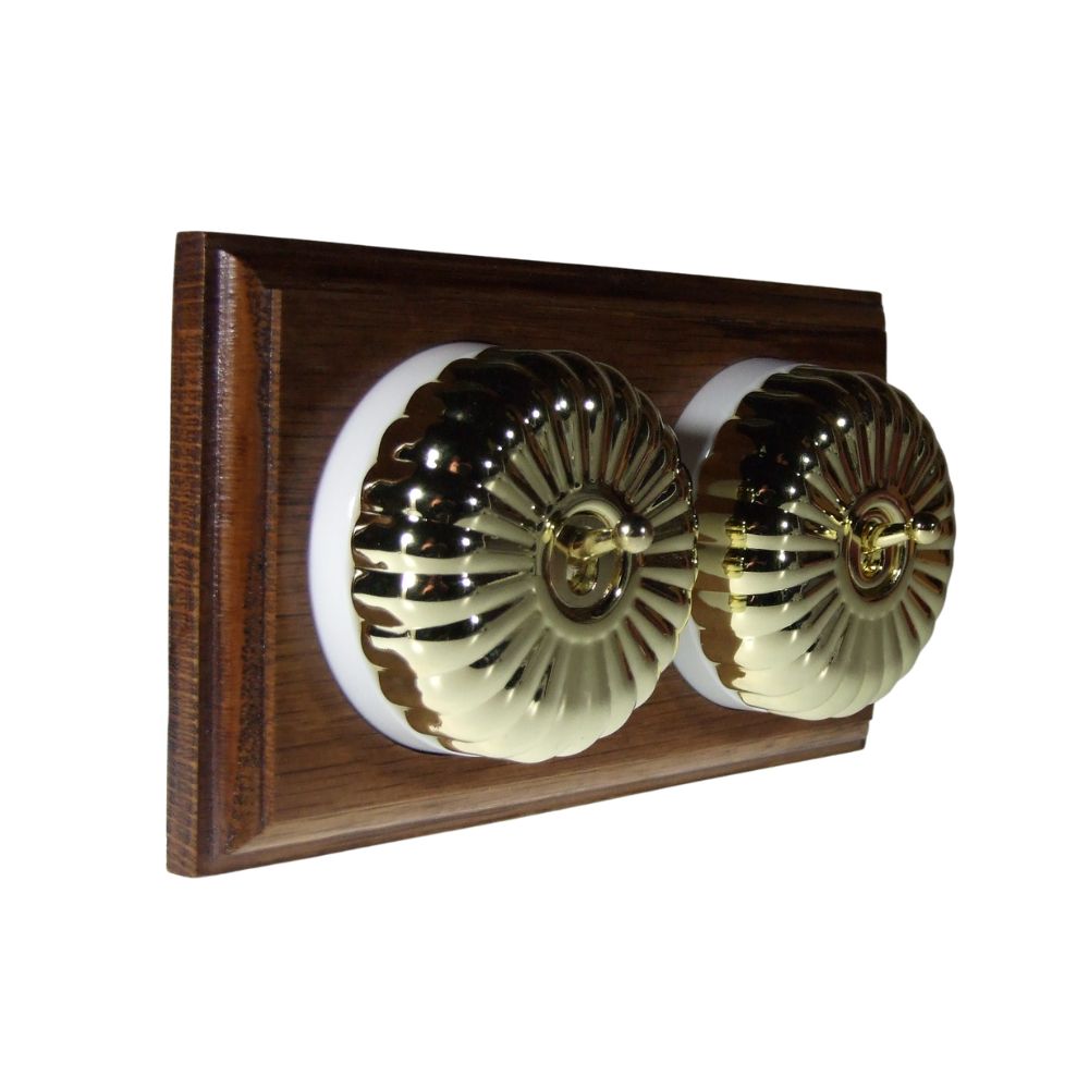 Period Fluted Polished Brass Dome Double Dolly Light Switch Medium Oak White Horizontal