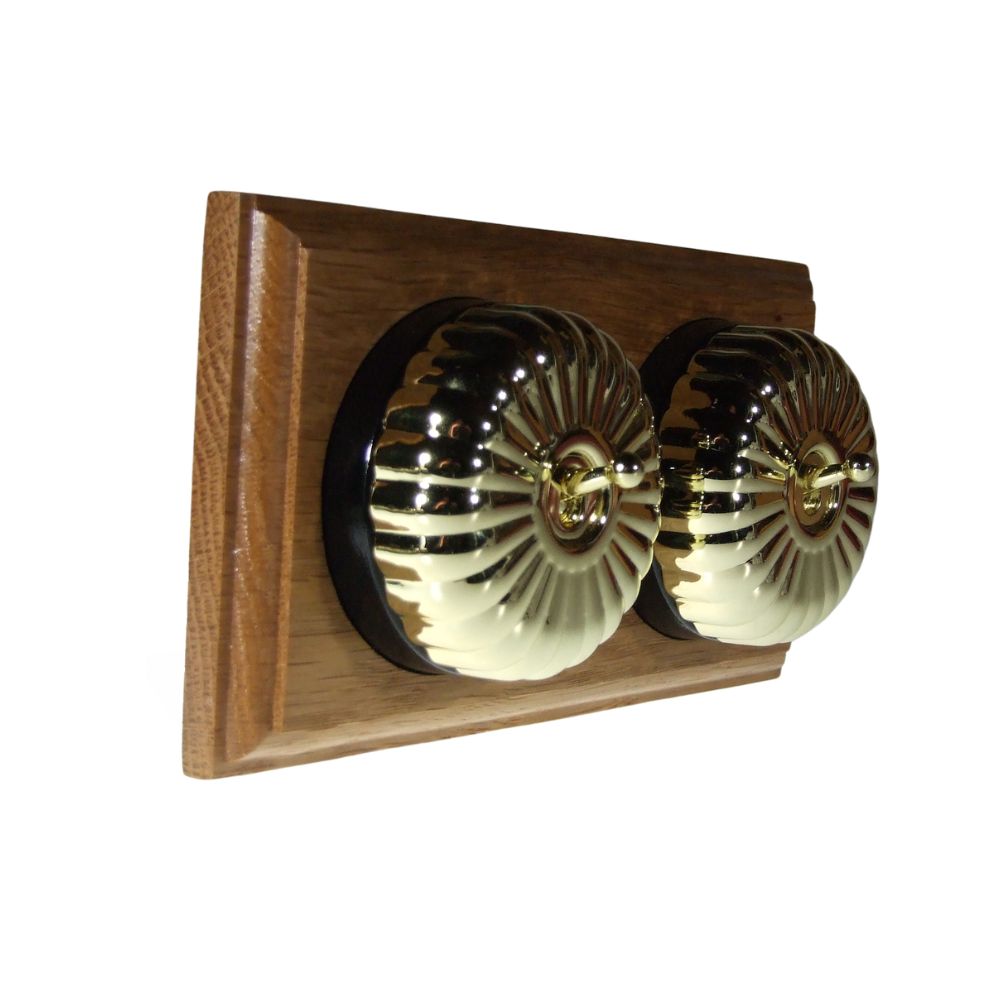 Period Fluted Polished Brass Dome Double Dolly Light Switch Oak Black Horizontal